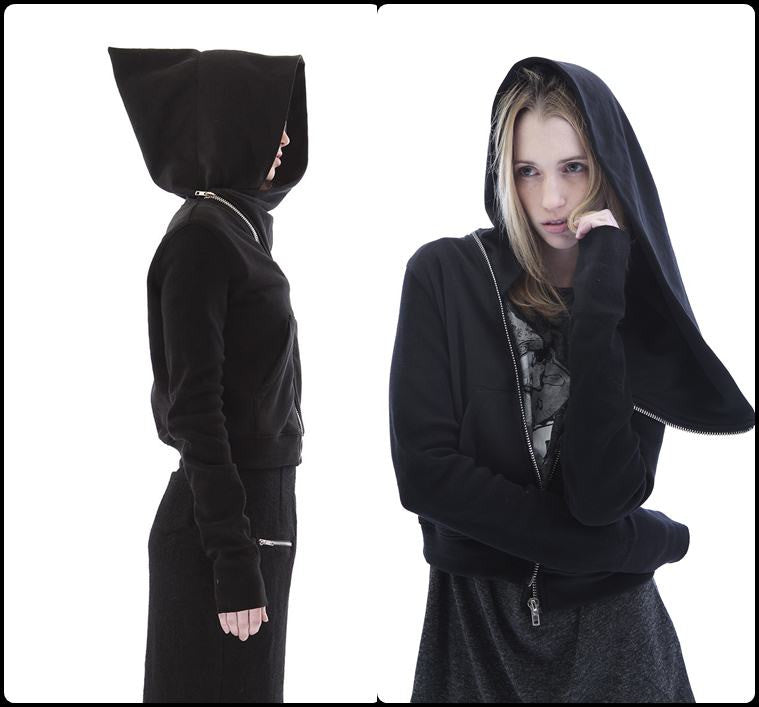 Black Assimetric Zip Collar Cotton Fleece Hood Sweatshirt Dark - Ofelya Boutique