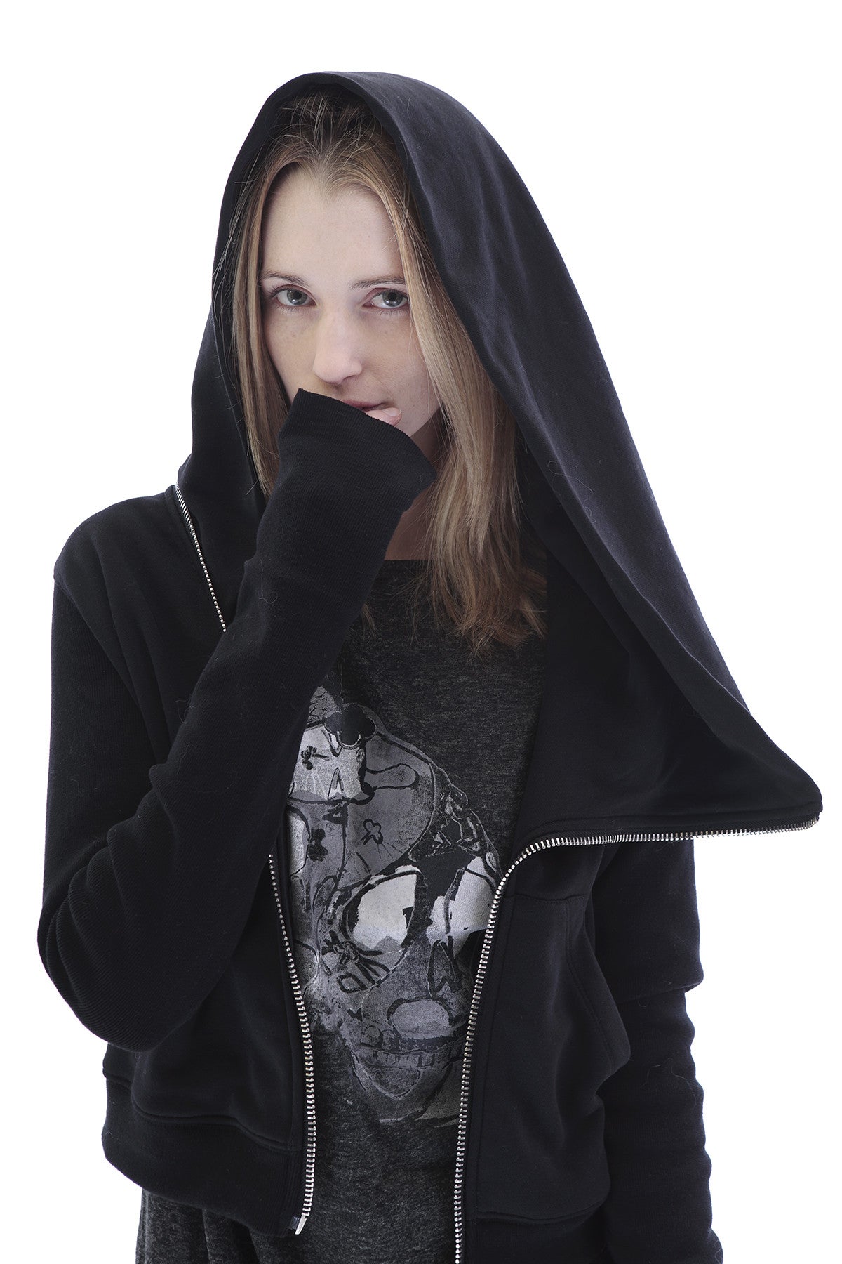 Black Assimetric Zip Collar Cotton Fleece Hood Sweatshirt Dark - Ofelya Boutique