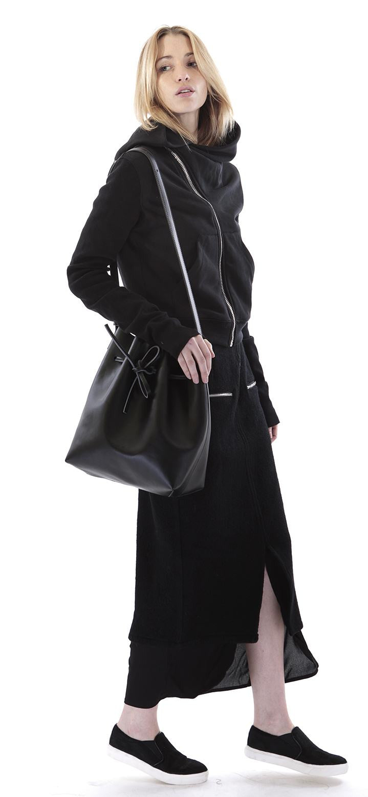 Black Assimetric Zip Collar Cotton Fleece Hood Sweatshirt Dark - Ofelya Boutique