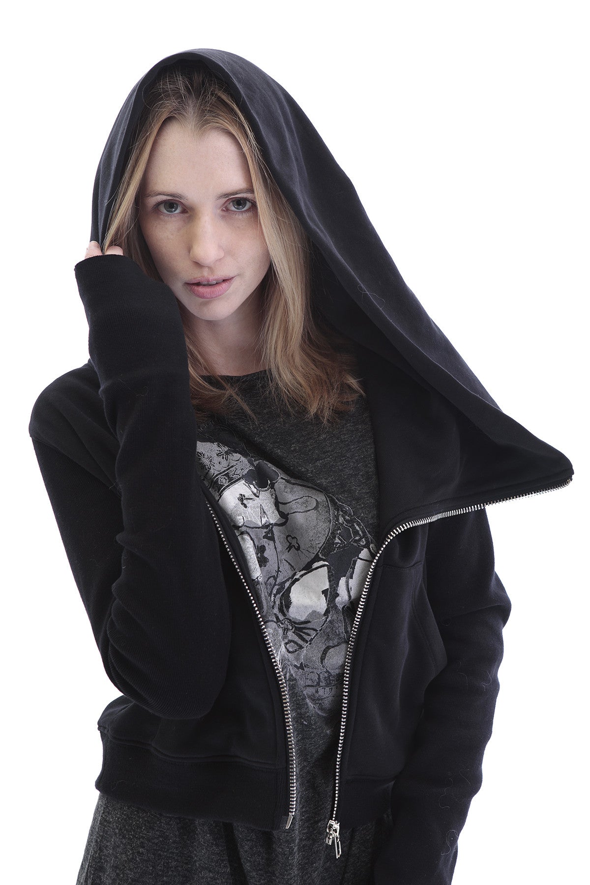 Black Assimetric Zip Collar Cotton Fleece Hood Sweatshirt Dark - Ofelya Boutique