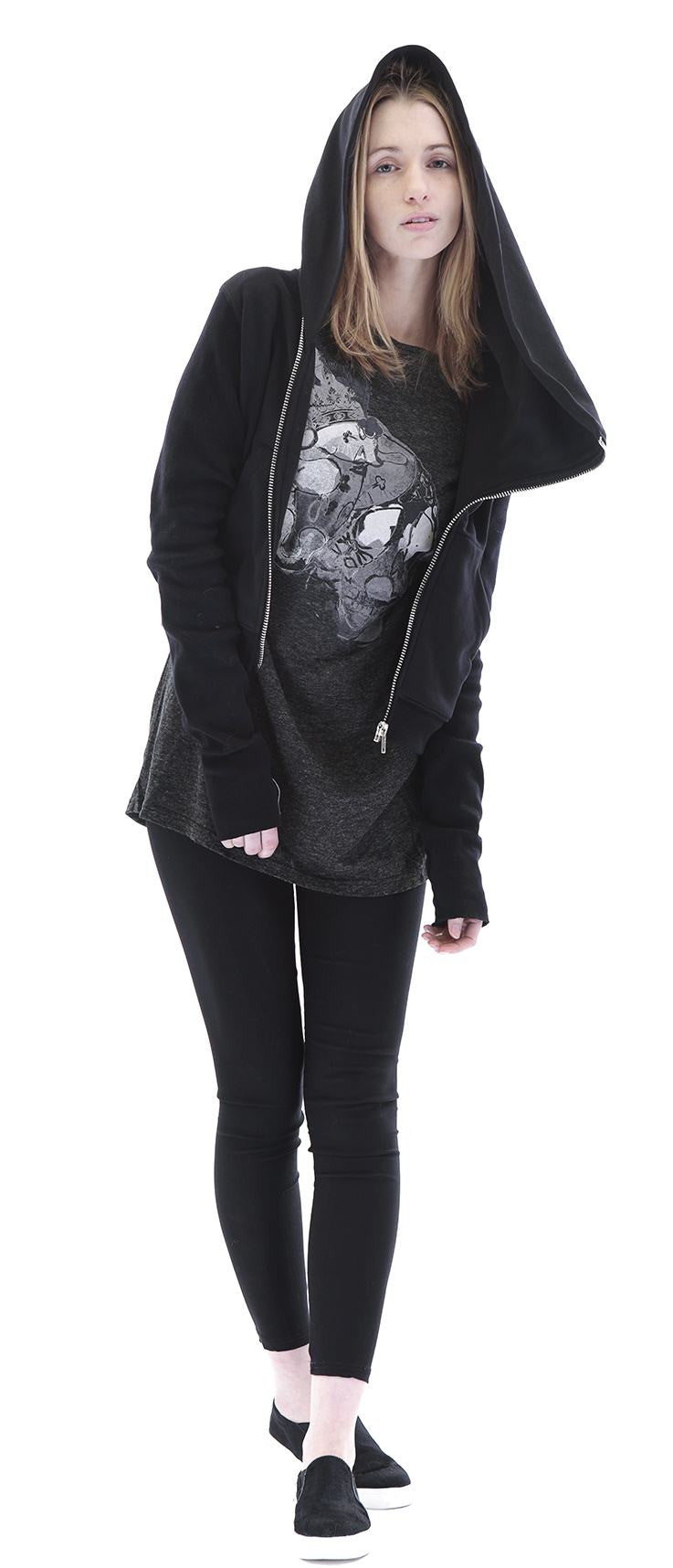 Black Assimetric Zip Collar Cotton Fleece Hood Sweatshirt Dark - Ofelya Boutique