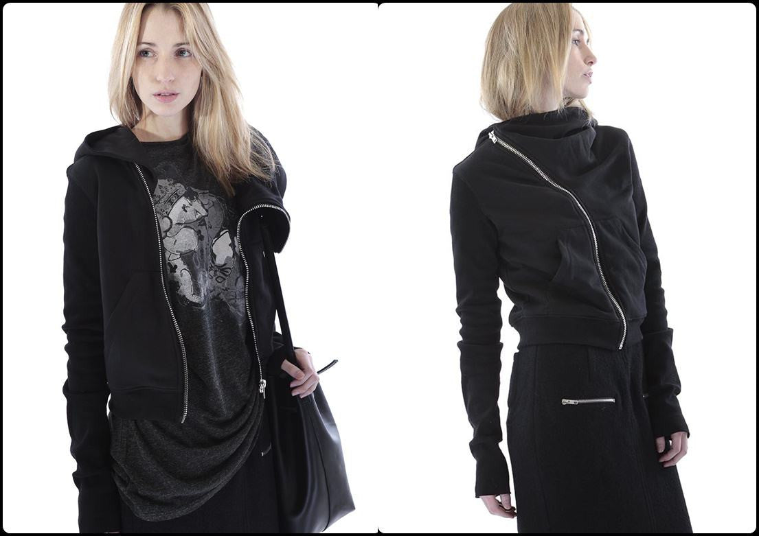 Black Assimetric Zip Collar Cotton Fleece Hood Sweatshirt Dark - Ofelya Boutique