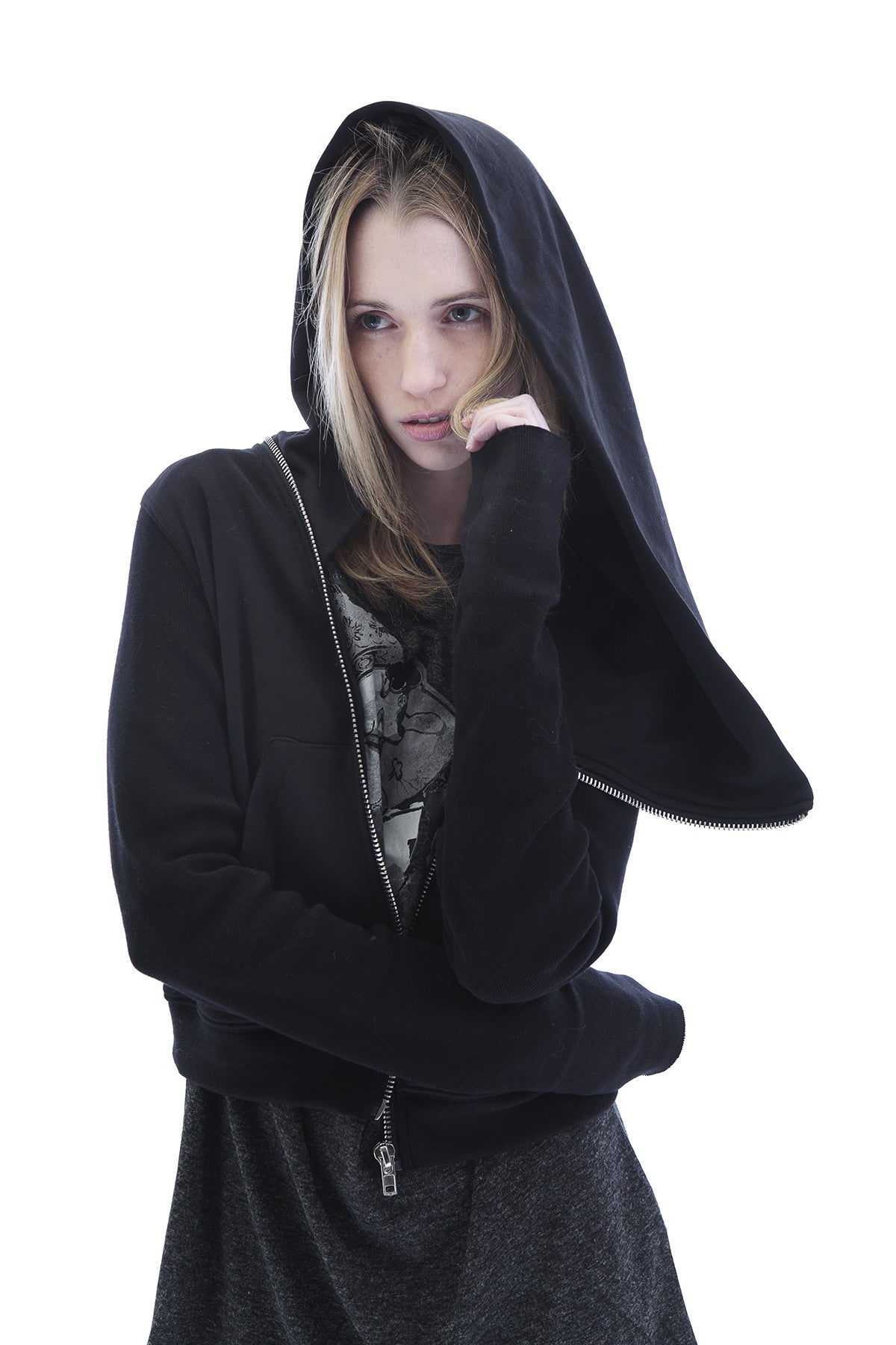 Black Assimetric Zip Collar Cotton Fleece Hood Sweatshirt Dark - Ofelya Boutique