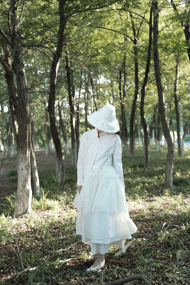 Original Shirt Hem Pleated Organza Stitching Asymmetric LONG Shirt