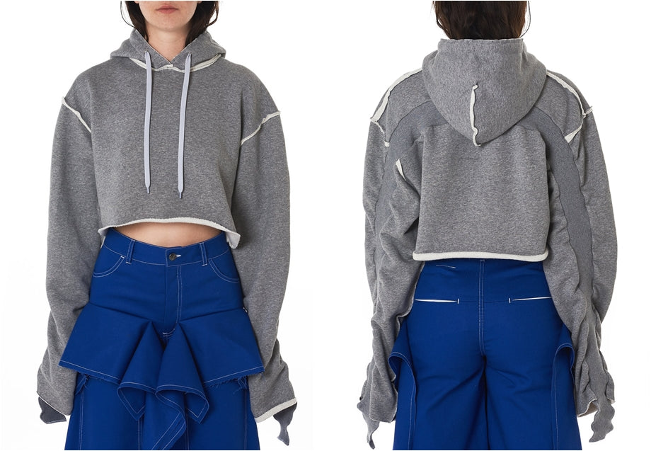Women Relaxed-fit Cropped Hooded Pullover in Grey / Split Seam Construction / Oversized sleeves - Ofelya Boutique