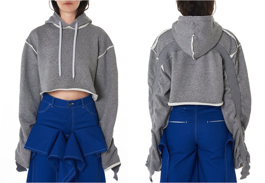 Women Relaxed-fit Cropped Hooded Pullover in Grey / Split Seam Construction / Oversized sleeves - Ofelya Boutique