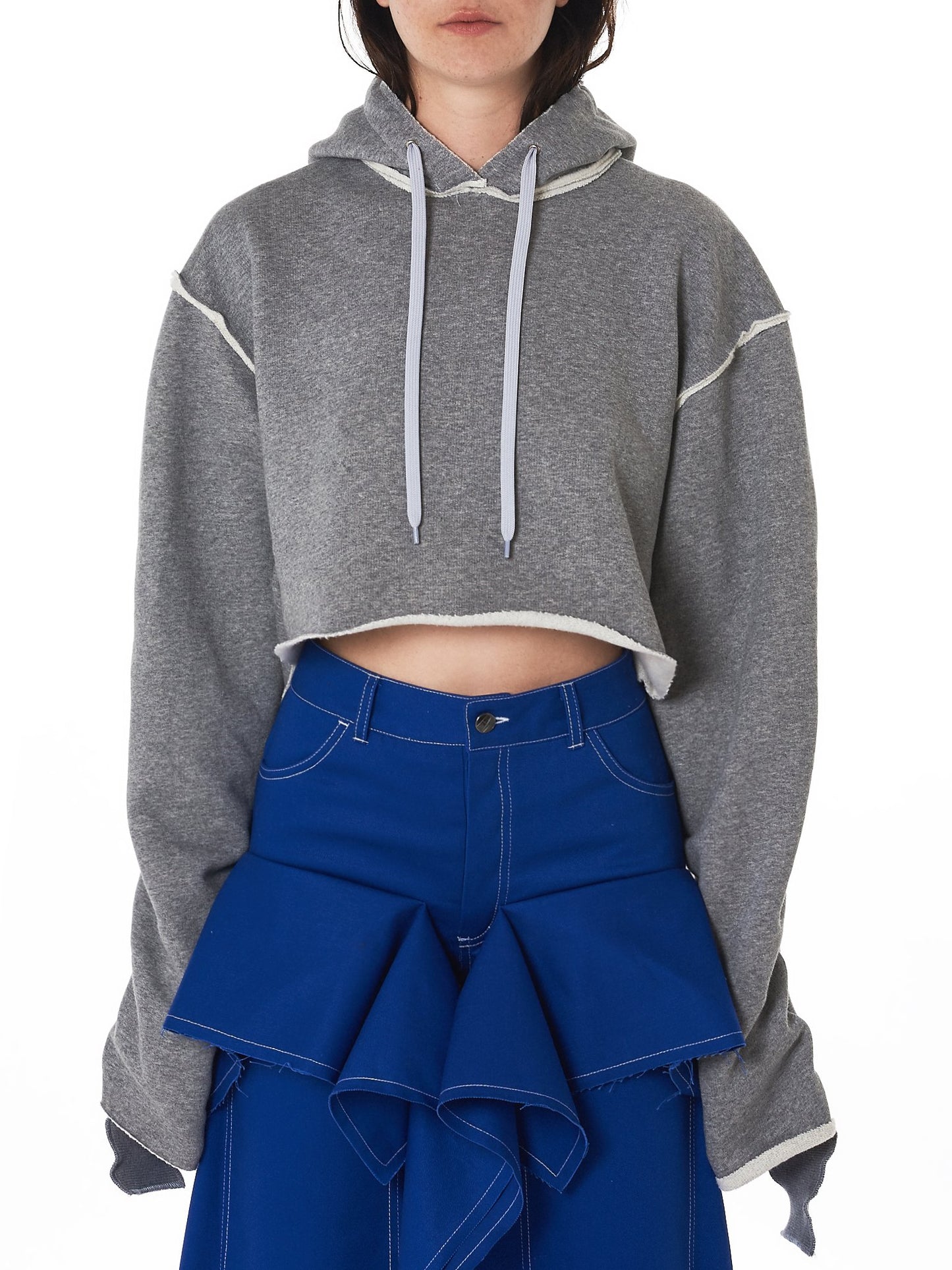 Women Relaxed-fit Cropped Hooded Pullover in Grey / Split Seam Construction / Oversized sleeves - Ofelya Boutique