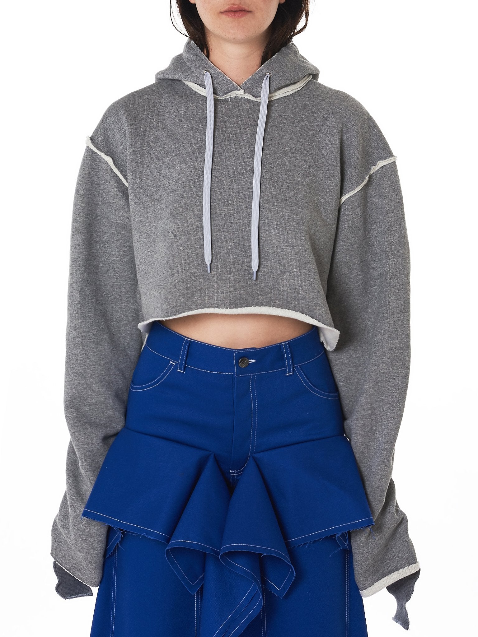 Women Relaxed-fit Cropped Hooded Pullover in Grey / Split Seam Construction / Oversized sleeves - Ofelya Boutique