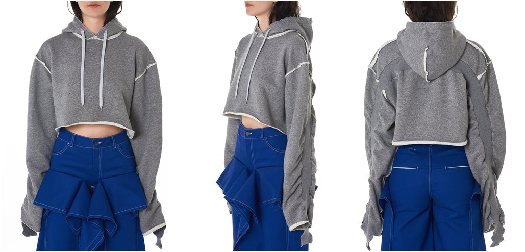 Women Relaxed-fit Cropped Hooded Pullover in Grey / Split Seam Construction / Oversized sleeves - Ofelya Boutique