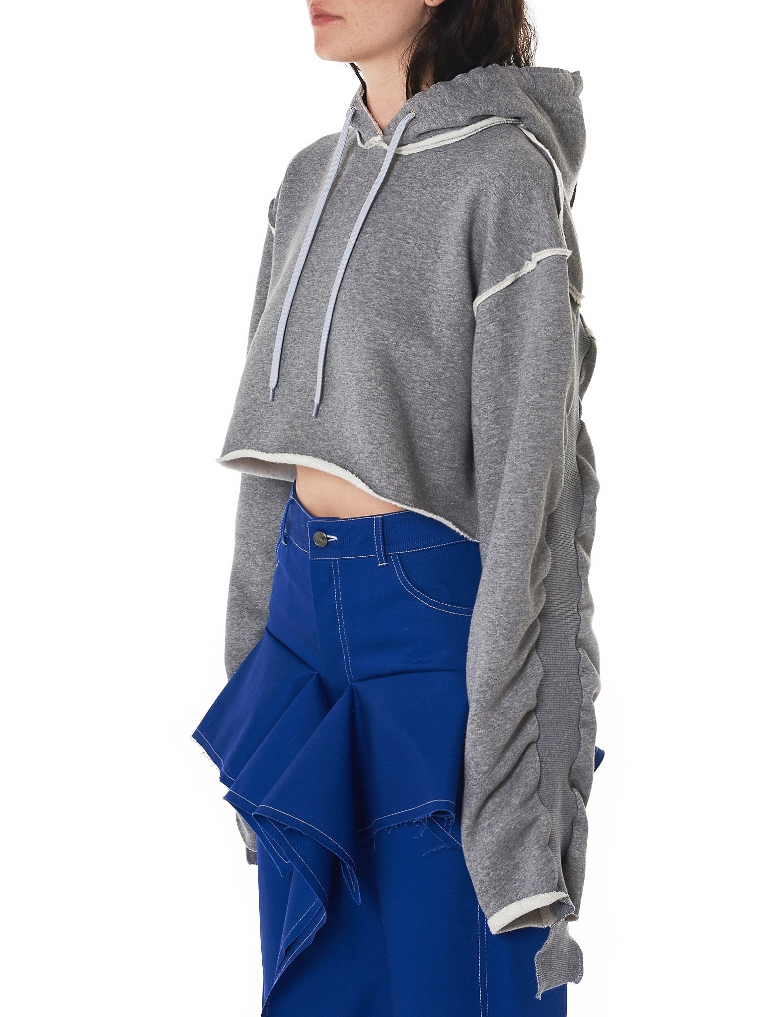 Women Relaxed-fit Cropped Hooded Pullover in Grey / Split Seam Construction / Oversized sleeves - Ofelya Boutique