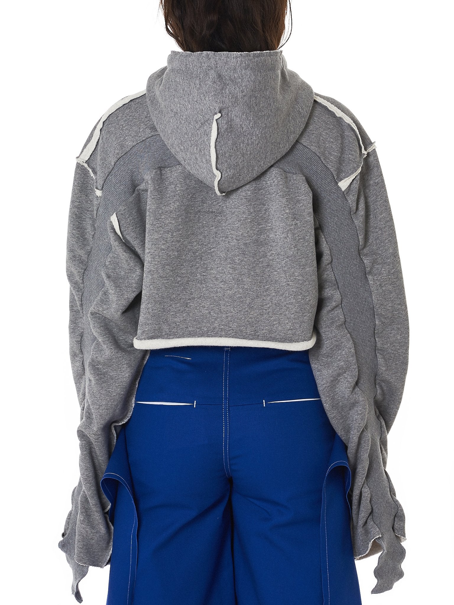 Women Relaxed-fit Cropped Hooded Pullover in Grey / Split Seam Construction / Oversized sleeves - Ofelya Boutique