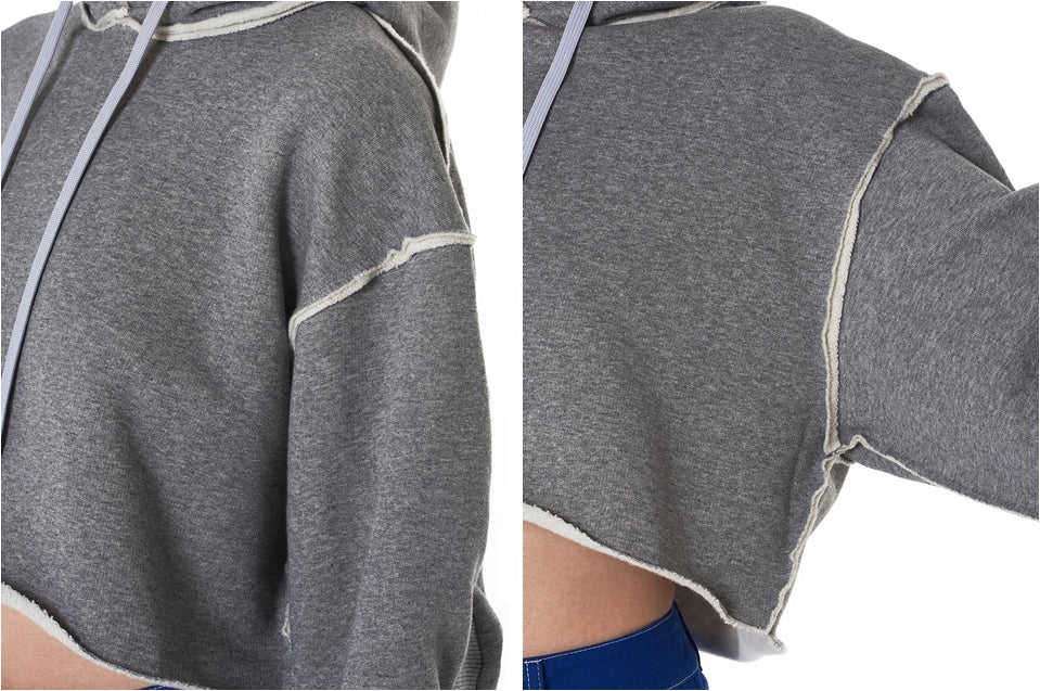 Women Relaxed-fit Cropped Hooded Pullover in Grey / Split Seam Construction / Oversized sleeves - Ofelya Boutique