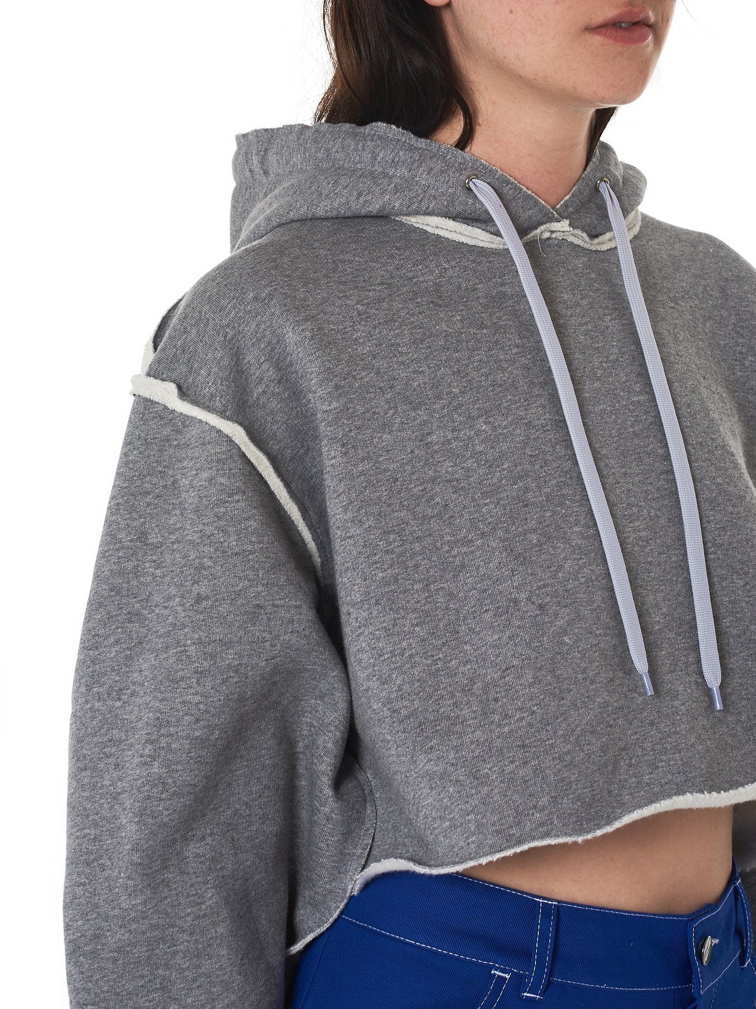 Women Relaxed-fit Cropped Hooded Pullover in Grey / Split Seam Construction / Oversized sleeves - Ofelya Boutique