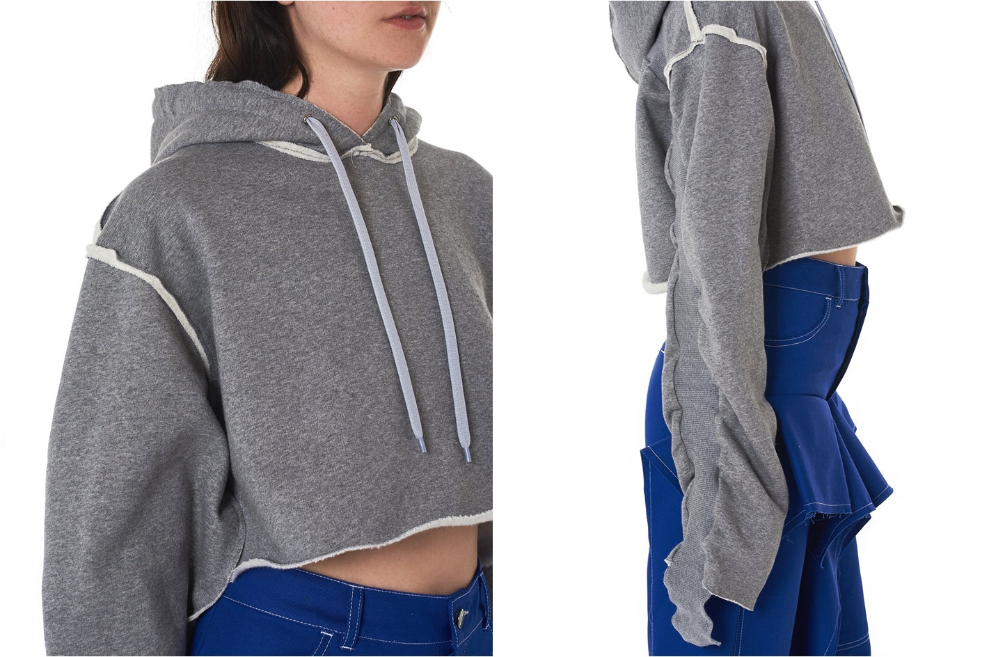 Women Relaxed-fit Cropped Hooded Pullover in Grey / Split Seam Construction / Oversized sleeves - Ofelya Boutique