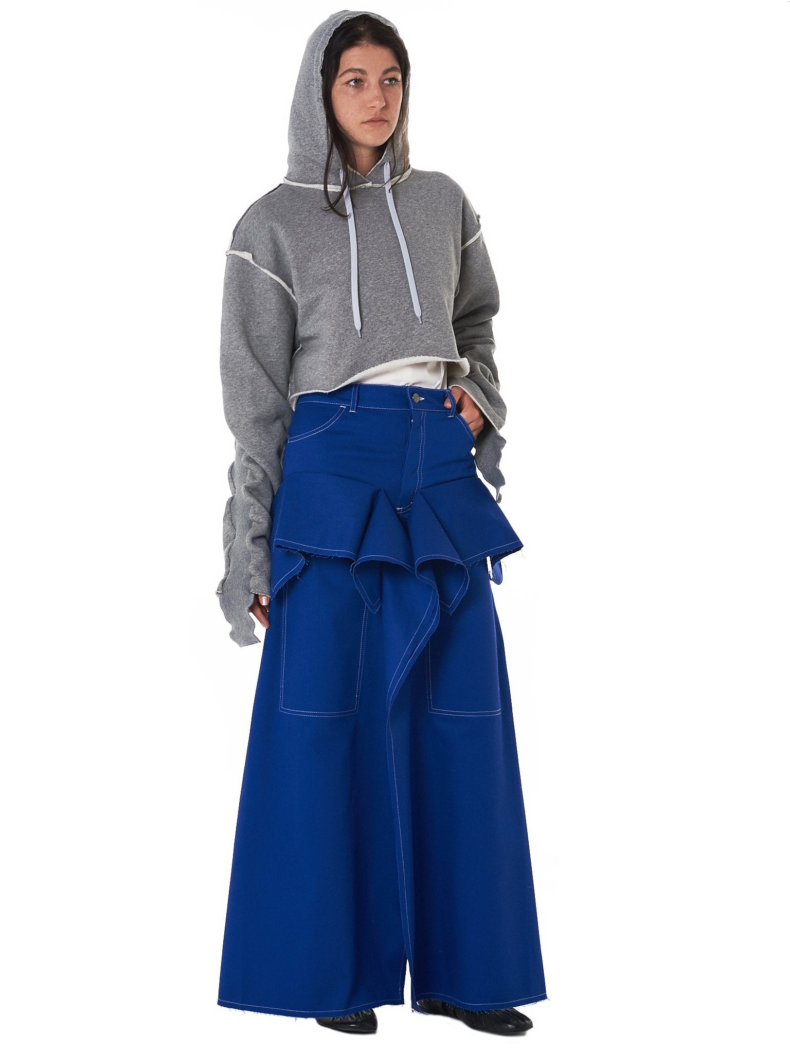 Women Relaxed-fit Cropped Hooded Pullover in Grey / Split Seam Construction / Oversized sleeves - Ofelya Boutique