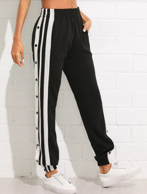Women Snap Button Striped Side Pants Jogger Track