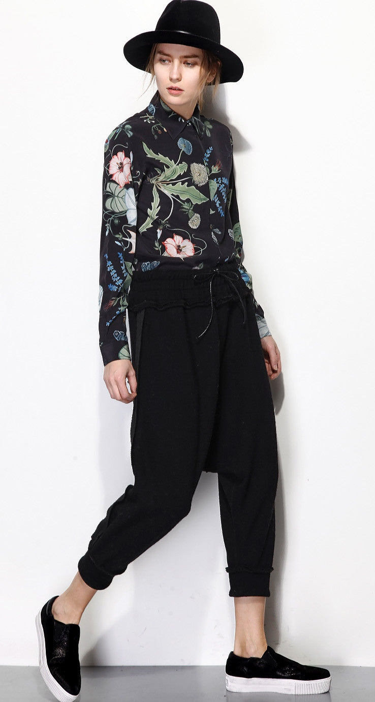 High Waisted Drop Crotch Lace Waist Combed Cotton Casual Pants Harem Pants - Ofelya Boutique