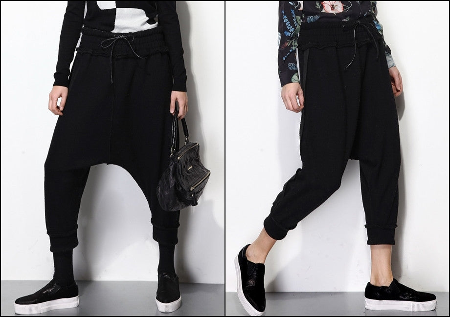 High Waisted Drop Crotch Lace Waist Combed Cotton Casual Pants Harem Pants - Ofelya Boutique