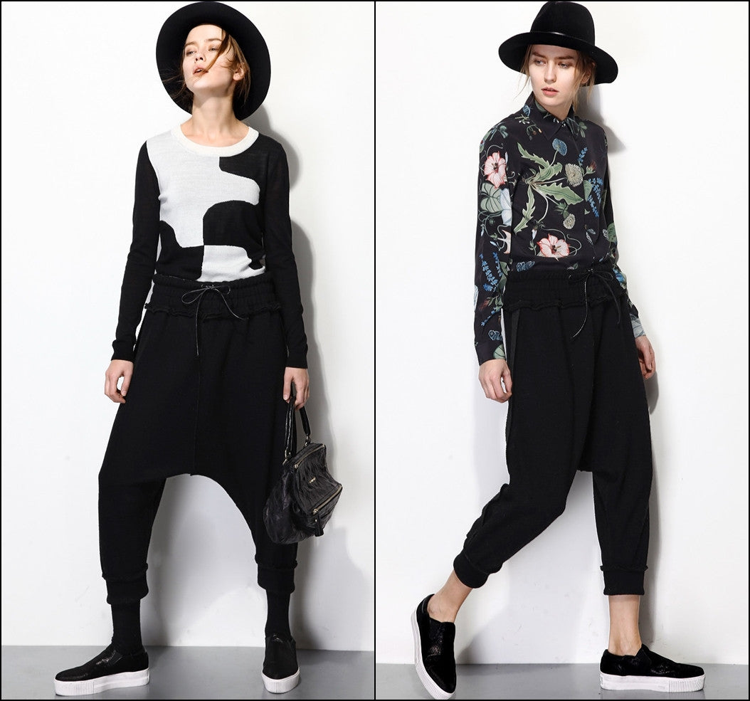 High Waisted Drop Crotch Lace Waist Combed Cotton Casual Pants Harem Pants - Ofelya Boutique