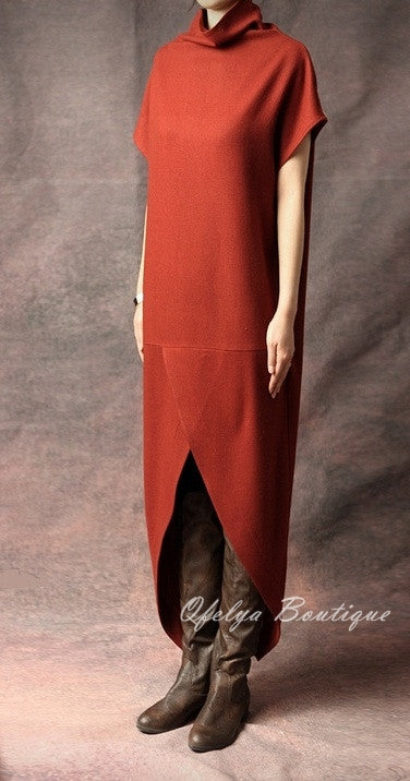 Original Design Red,Black,Grey Swallowtail Loose Stretch Cotton WoolBlend Theatrical Kaftan Dress - Ofelya Boutique