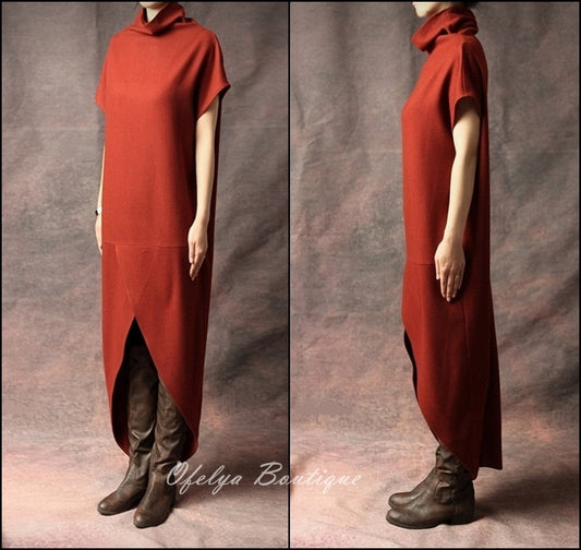 Original Design Red,Black,Grey Swallowtail Loose Stretch Cotton WoolBlend Theatrical Kaftan Dress - Ofelya Boutique