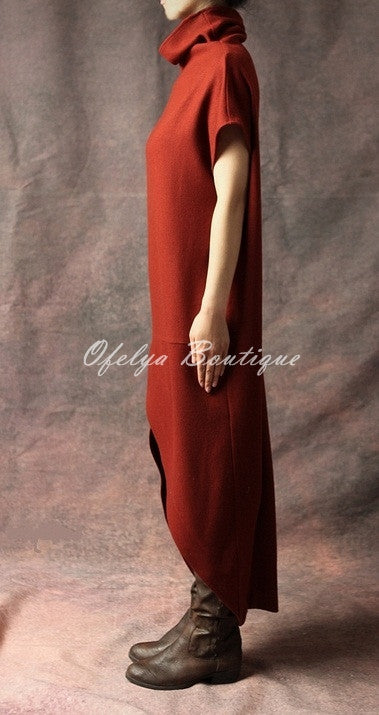Original Design Red,Black,Grey Swallowtail Loose Stretch Cotton WoolBlend Theatrical Kaftan Dress - Ofelya Boutique