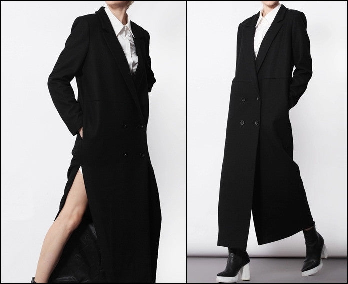 Avant Garde Dark Black Asymmetric Side Big Slit Overlong Wool Jacket Coat - Ofelya Boutique