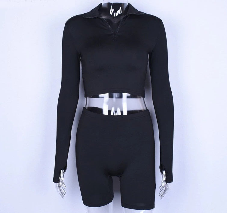 Black Sexy Long Sleeve Elastic Long Sleeve Sexy Crop Tops Skinny Shorts Two Piece Set