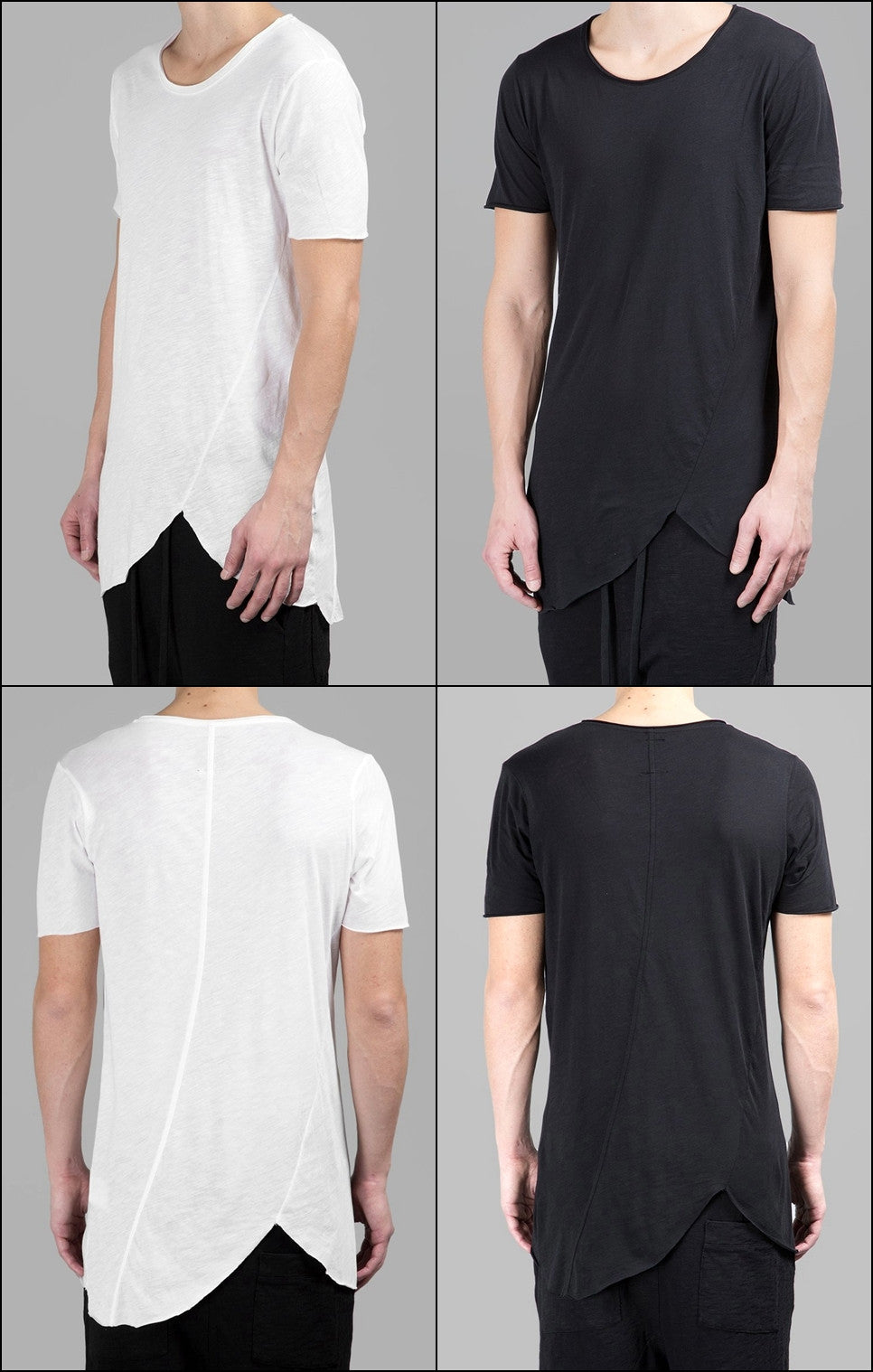 Extended Essential Short Sleeve Asymmetric Cut Round Wide Neck Long Tee - Ofelya Boutique