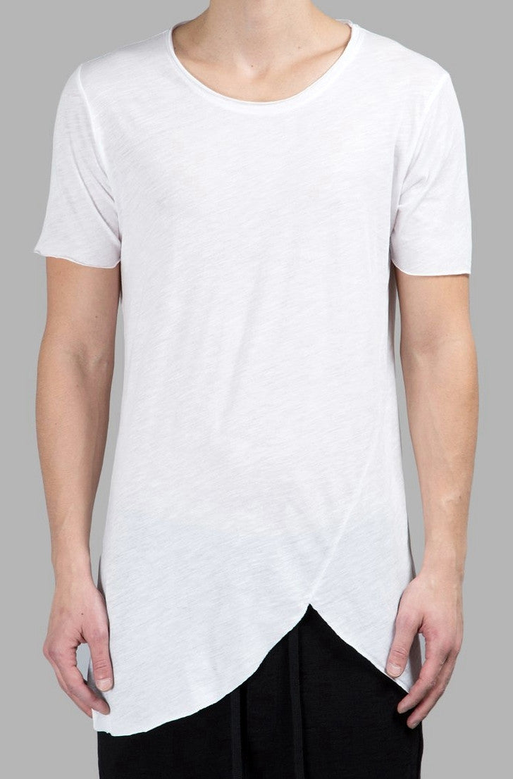 Extended Essential Short Sleeve Asymmetric Cut Round Wide Neck Long Tee - Ofelya Boutique