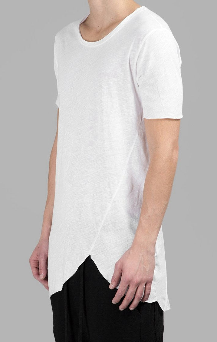 Extended Essential Short Sleeve Asymmetric Cut Round Wide Neck Long Tee - Ofelya Boutique