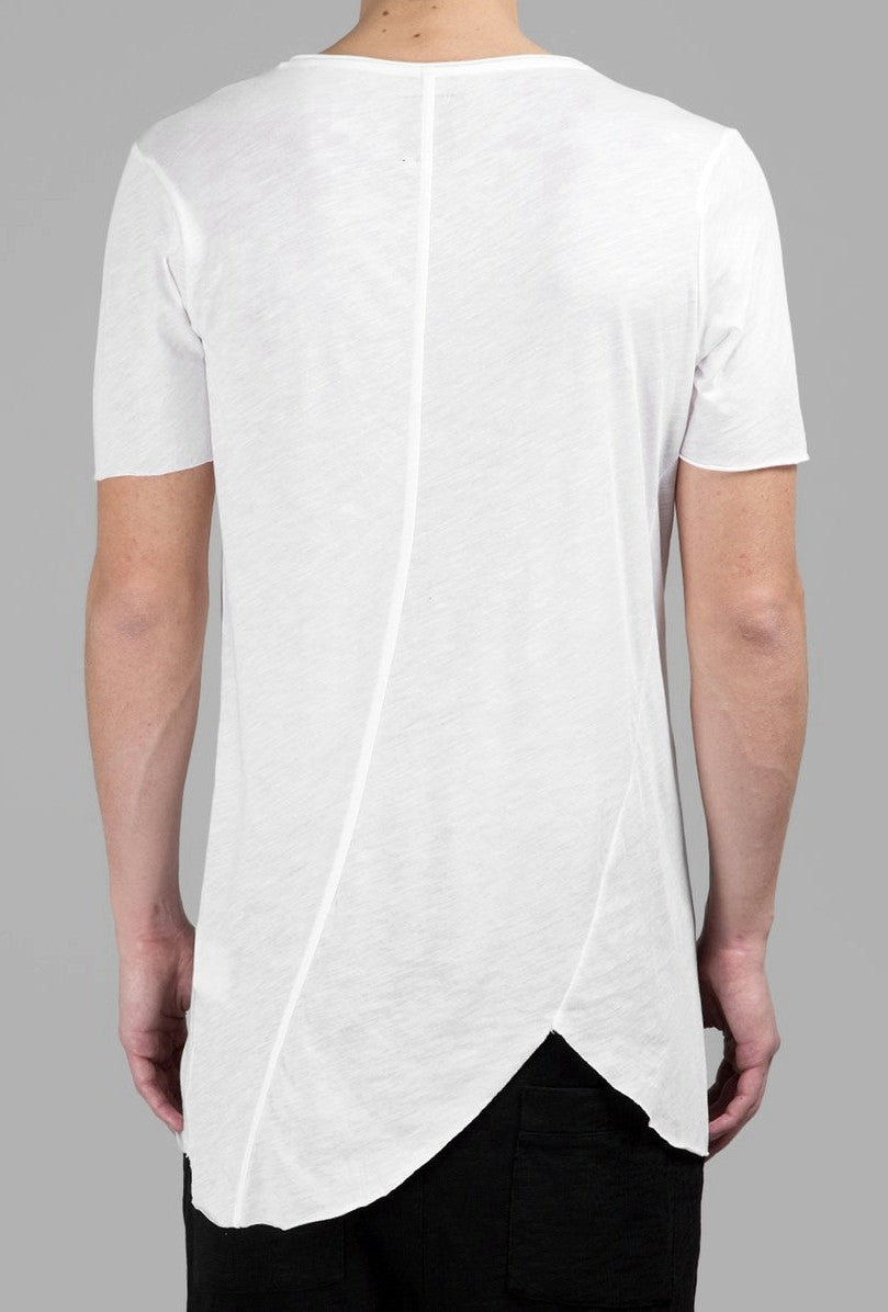Extended Essential Short Sleeve Asymmetric Cut Round Wide Neck Long Tee - Ofelya Boutique