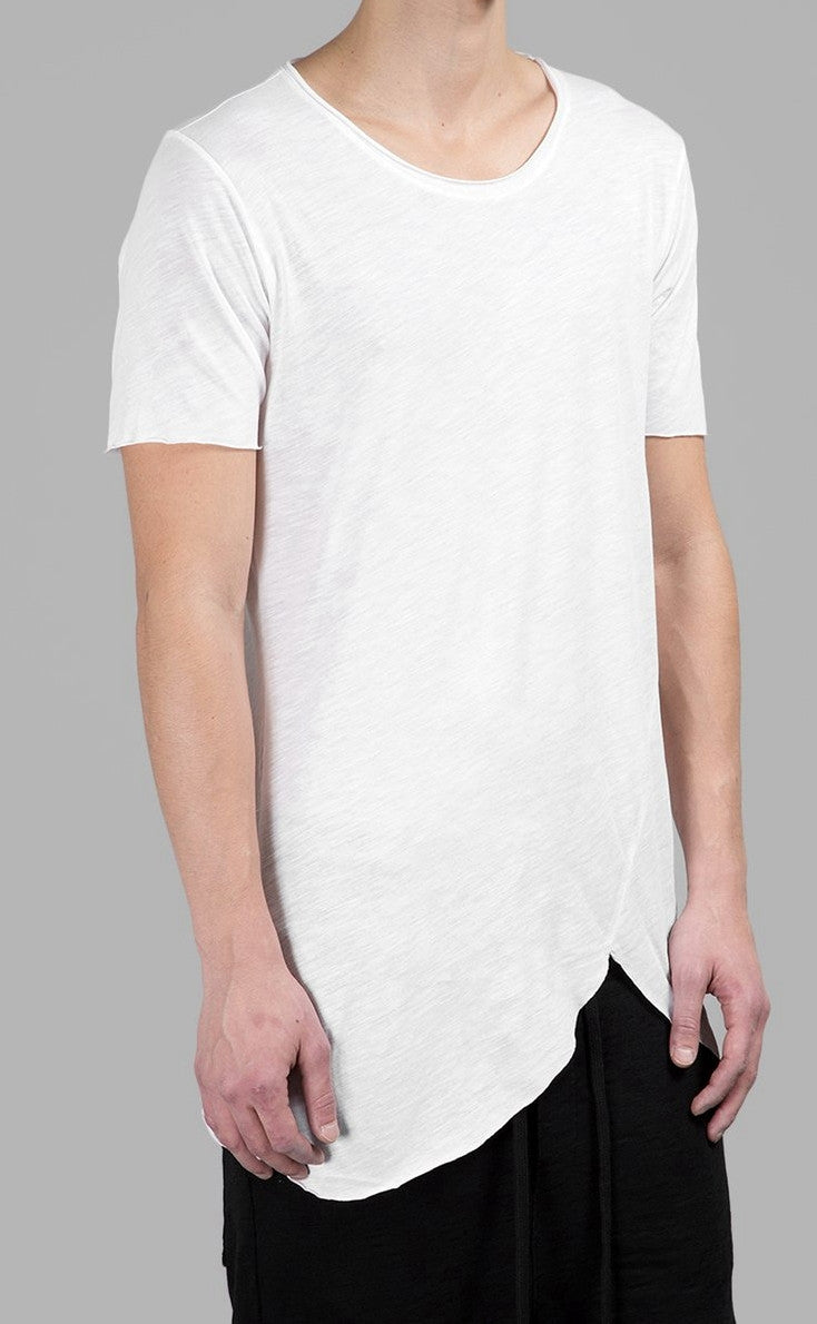 Extended Essential Short Sleeve Asymmetric Cut Round Wide Neck Long Tee - Ofelya Boutique