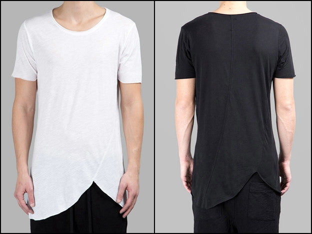 Extended Essential Short Sleeve Asymmetric Cut Round Wide Neck Long Tee - Ofelya Boutique