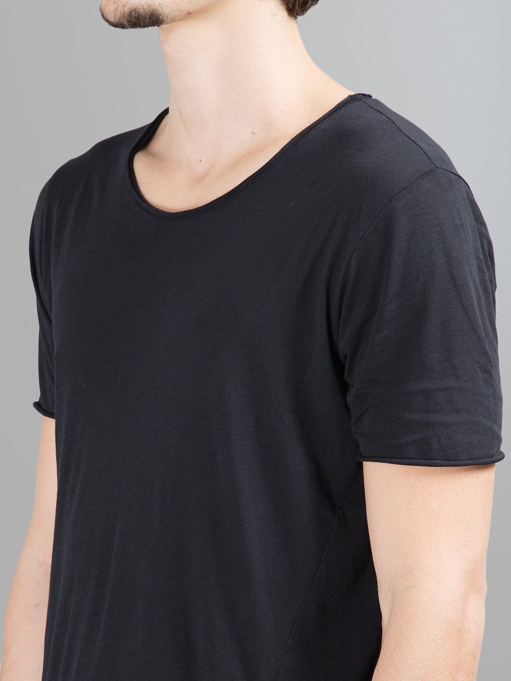 Extended Essential Short Sleeve Asymmetric Cut Round Wide Neck Long Tee - Ofelya Boutique