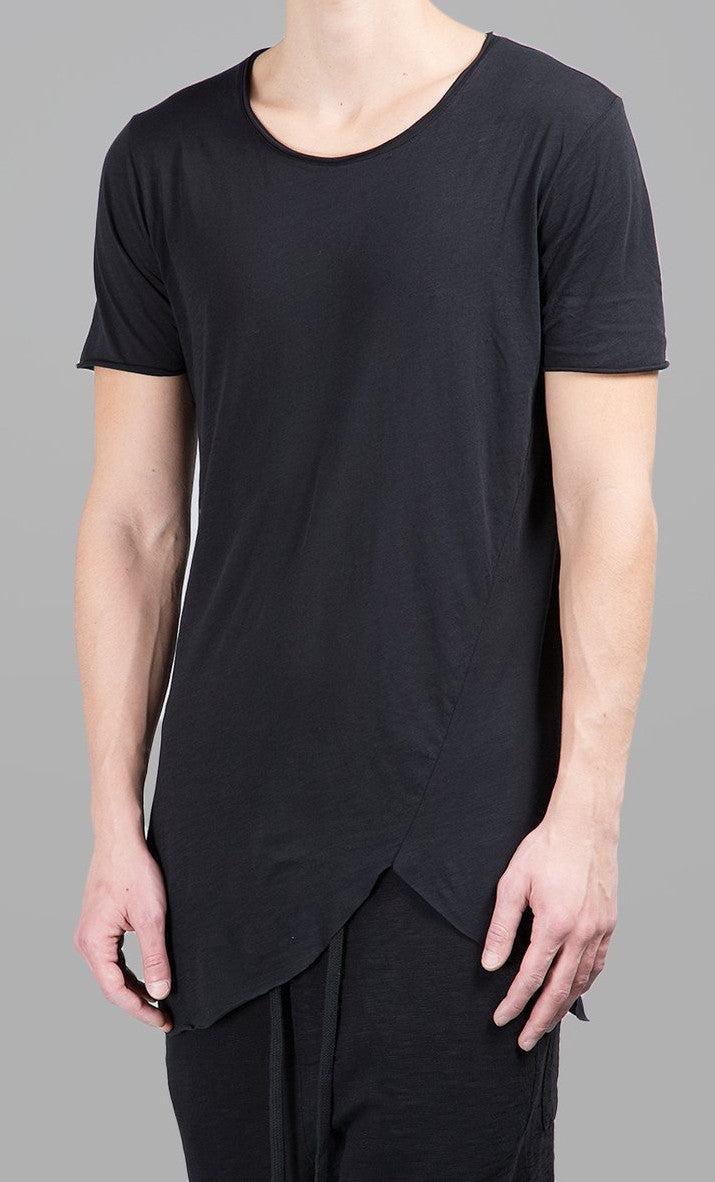 Extended Essential Short Sleeve Asymmetric Cut Round Wide Neck Long Tee - Ofelya Boutique