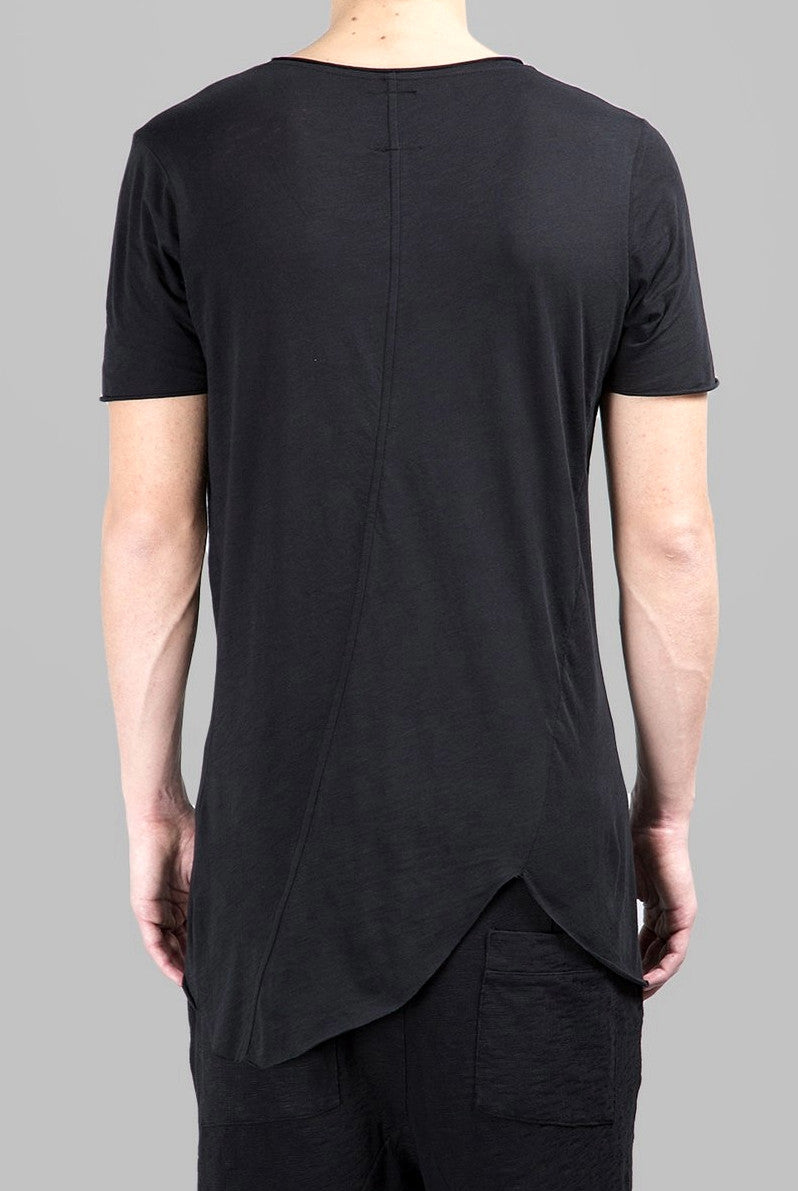 Extended Essential Short Sleeve Asymmetric Cut Round Wide Neck Long Tee - Ofelya Boutique