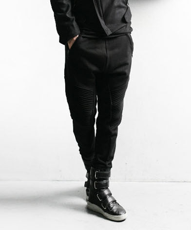 Men Slim-Fit Biker Drop Crotch Dual Zip Pants Essential Pintuck - Ofelya Boutique