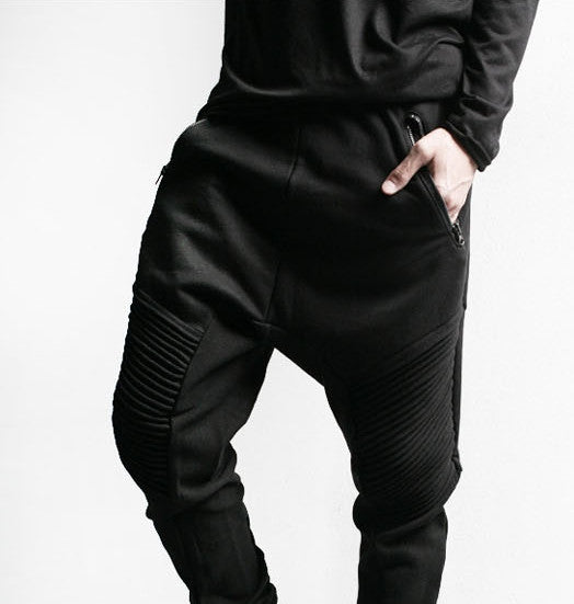 Men Slim-Fit Biker Drop Crotch Dual Zip Pants Trouser Pintuck - Ofelya Boutique
