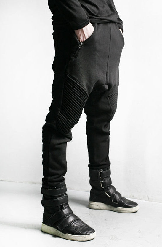 Men Slim-Fit Biker Drop Crotch Dual Zip Pants Trouser Pintuck - Ofelya Boutique