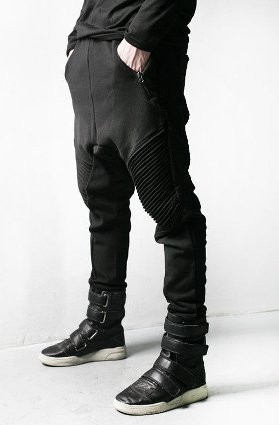 Men Slim-Fit Biker Drop Crotch Dual Zip Pants Essential Pintuck - Ofelya Boutique