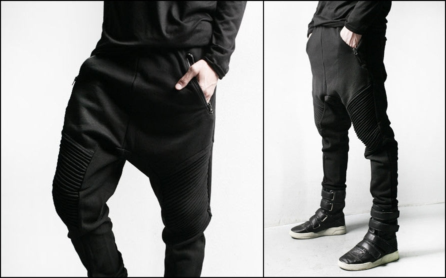 Men Slim-Fit Biker Drop Crotch Dual Zip Pants Essential Pintuck - Ofelya Boutique