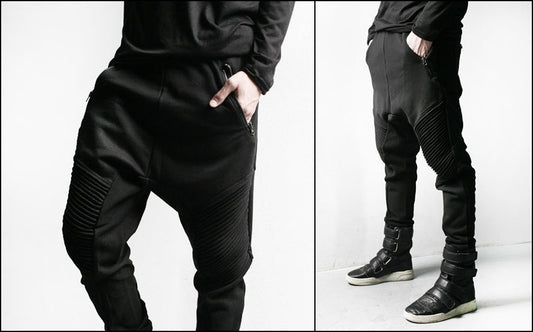 Men Slim-Fit Biker Drop Crotch Dual Zip Pants Essential Pintuck - Ofelya Boutique