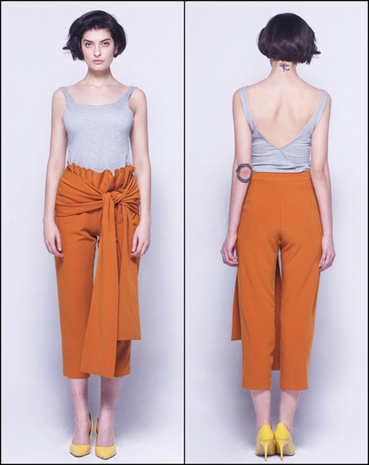 Avant Garde High Waist Skinny Leg Bow Detail Crepe Pants // Asymmetrical Trouser - Ofelya Boutique