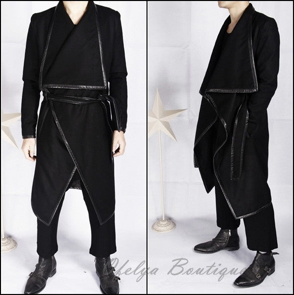 Winter Original High-end Leather Trim Dark Gothic Lines Woolen Long Coat High Collar Jacket - Ofelya Boutique
