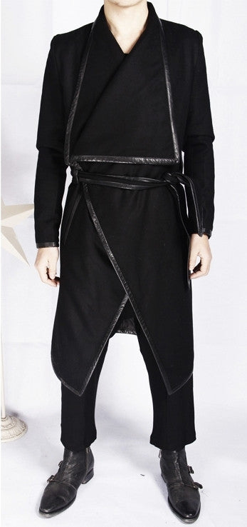 Winter Original High-end Leather Trim Dark Gothic Lines Woolen Long Coat High Collar Jacket - Ofelya Boutique