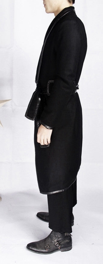 Winter Original High-end Leather Trim Dark Gothic Lines Woolen Long Coat High Collar Jacket - Ofelya Boutique