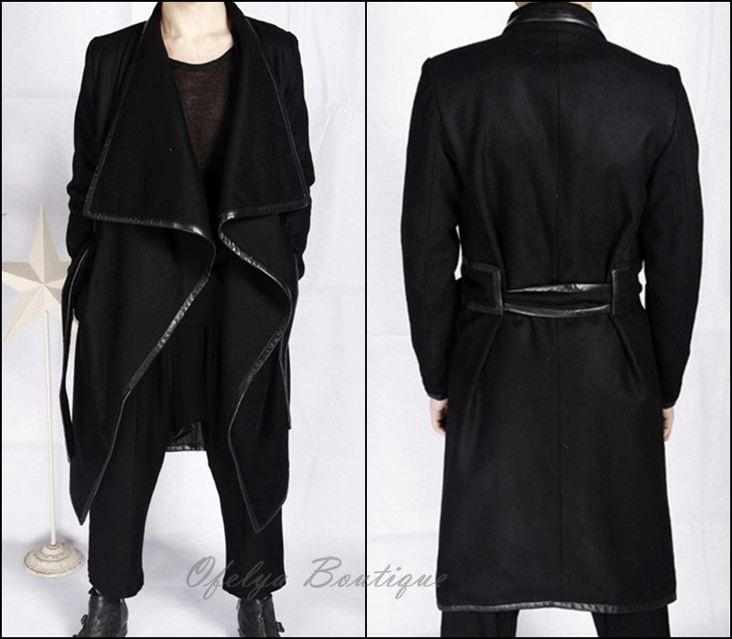 Winter Original High-end Leather Trim Dark Gothic Lines Woolen Long Coat High Collar Jacket - Ofelya Boutique