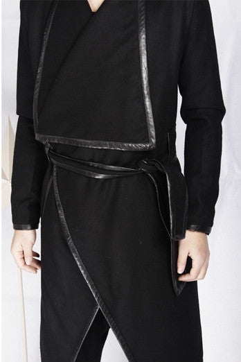 Winter Original High-end Leather Trim Dark Gothic Lines Woolen Long Coat High Collar Jacket - Ofelya Boutique