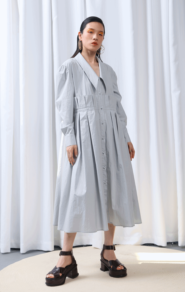 Fresh Cotton Tie Belt Waist Large Loose Pleated Shirt Dress Ruffles Poplin